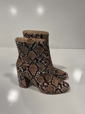 Lulus My Generation Tan Snake Print High Heel Mid-Calf Boots 7.5